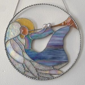 12” Round Handmade Stained Glass Angel with Trumpet Hanging Art Piece